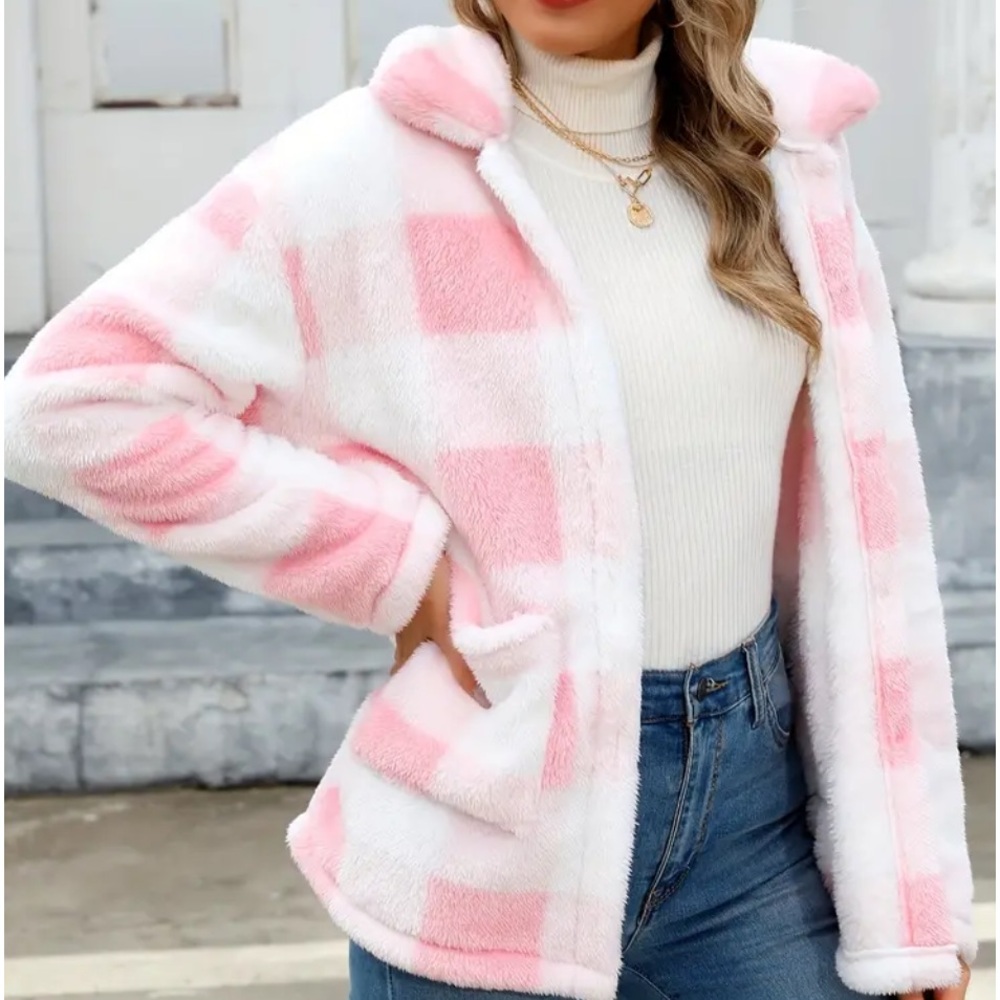 PLAID Pink & White Sherpa Fur Patch Pocket Button Up Coat Jacket L  NIB - Picture 4 of 5